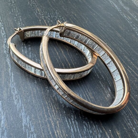 Vtg MILOR 925 Sterling Silver Gold Tone Hoop Earrings 1.5” Italy Sparkly Oval - Picture 7 of 10